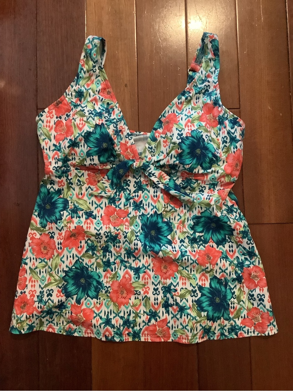 Swim Solutions Floral Tie-Front One-Piece - Coral & Teal & White